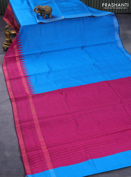 Dupion silk saree cs blue and magenta pink with plain body and temple design reattpet zari woven border