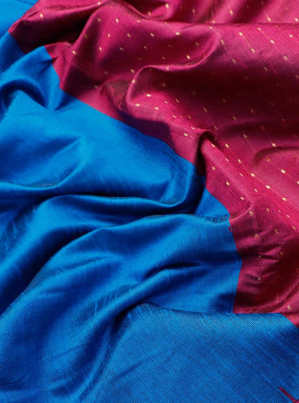 Dupion silk saree cs blue and magenta pink with plain body and temple design reattpet zari woven border