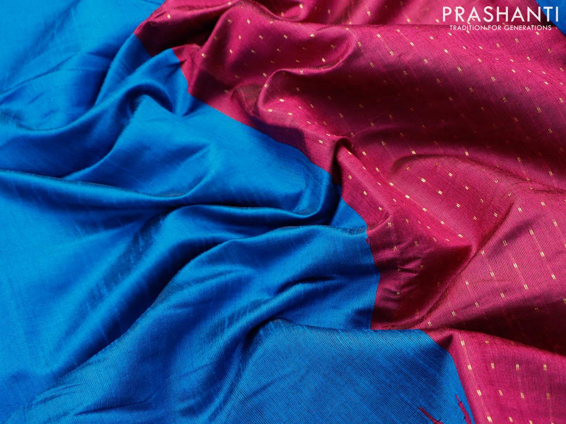 Dupion silk saree cs blue and magenta pink with plain body and temple design reattpet zari woven border