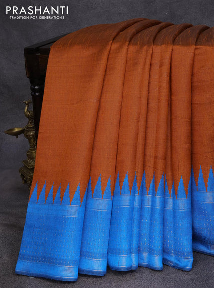 Dupion silk saree orange and cs blue with plain body and temple design reattpet zari woven border