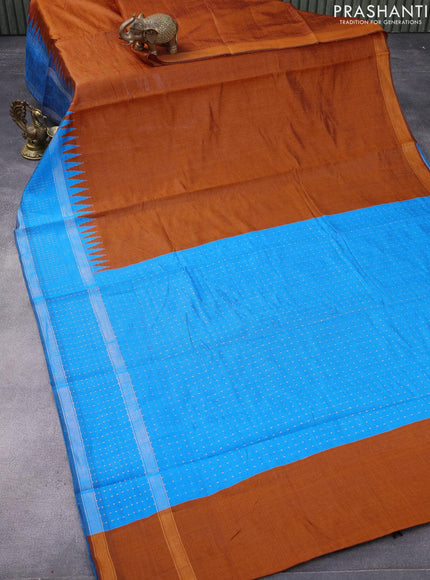 Dupion silk saree orange and cs blue with plain body and temple design reattpet zari woven border