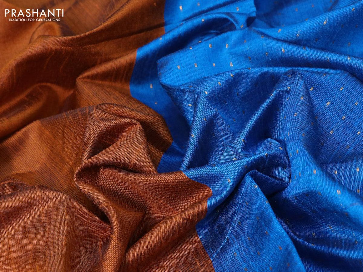 Dupion silk saree orange and cs blue with plain body and temple design reattpet zari woven border