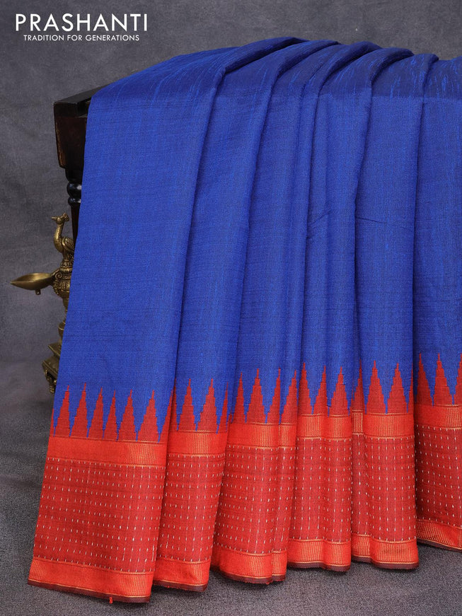 Dupion silk saree blue and maroon with plain body and temple design reattpet zari woven border