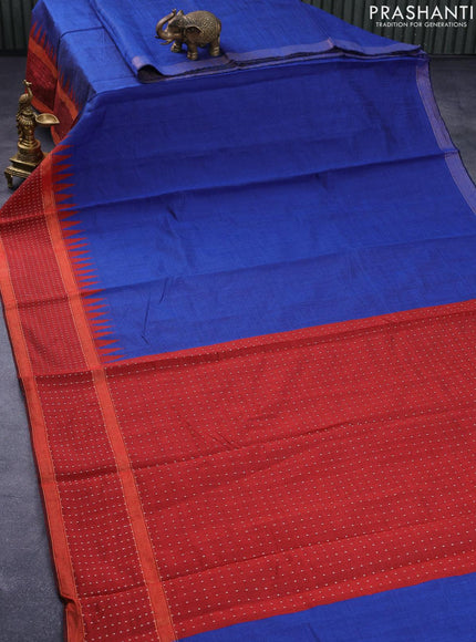 Dupion silk saree blue and maroon with plain body and temple design reattpet zari woven border