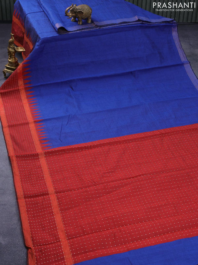 Dupion silk saree blue and maroon with plain body and temple design reattpet zari woven border