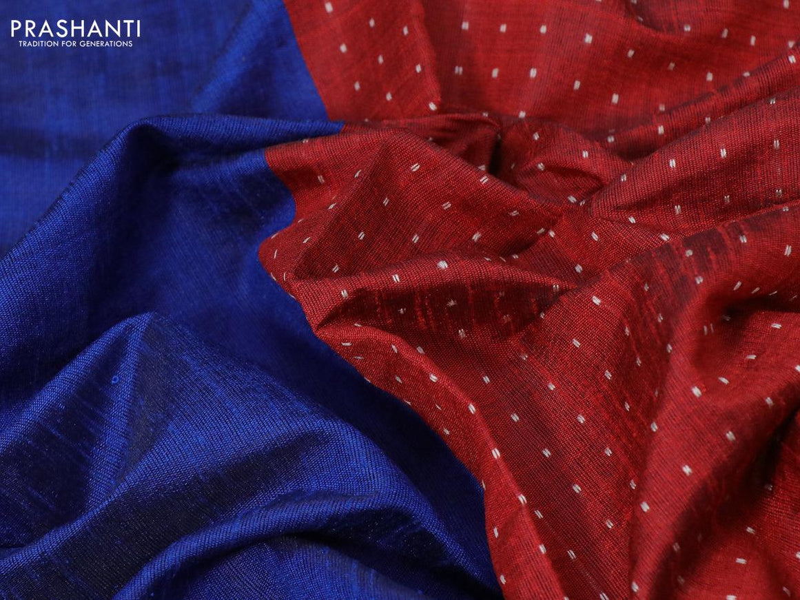 Dupion silk saree blue and maroon with plain body and temple design reattpet zari woven border