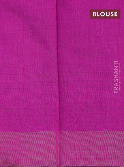 Dupion silk saree green and magenta pink with plain body and temple design thread woven zari border