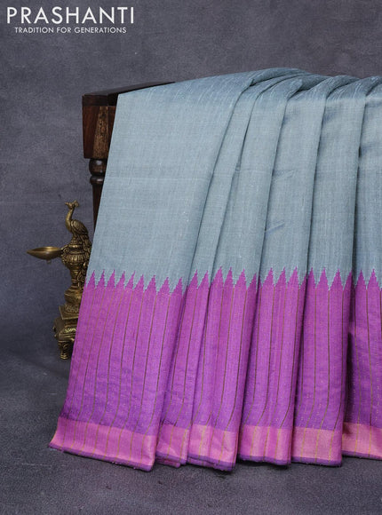 Dupion silk saree grey shade and mild purple shade with plain body and temple woven zari border