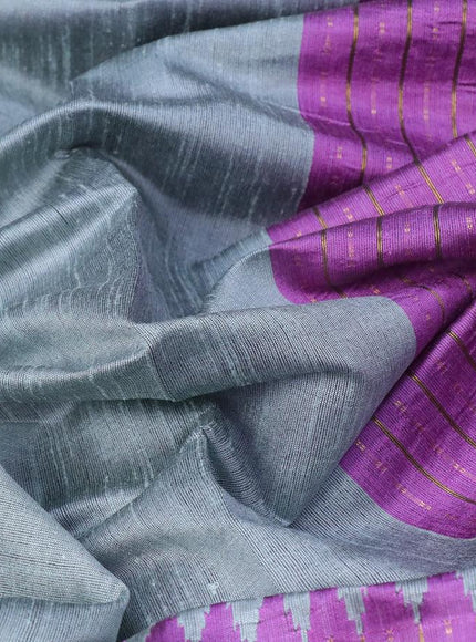 Dupion silk saree grey shade and mild purple shade with plain body and temple woven zari border