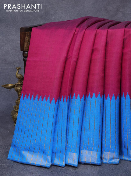 Dupion silk saree magenta pink and cs blue with plain body and temple woven zari border