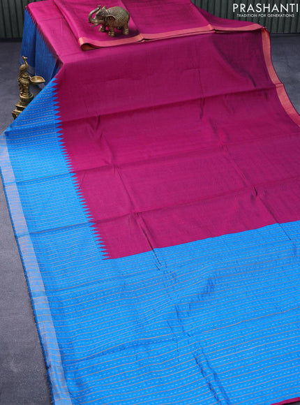 Dupion silk saree magenta pink and cs blue with plain body and temple woven zari border