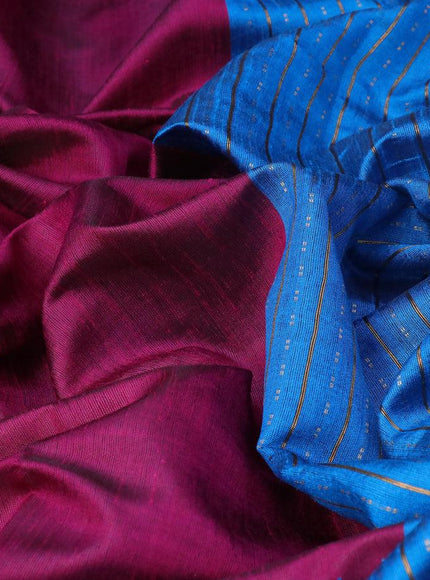 Dupion silk saree magenta pink and cs blue with plain body and temple woven zari border