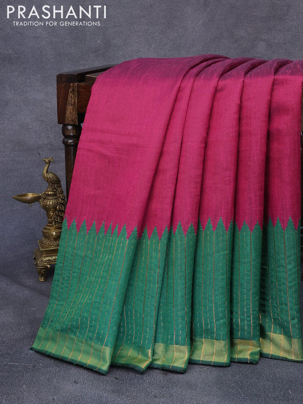 Dupion silk saree magenta pink and green with plain body and temple woven zari border