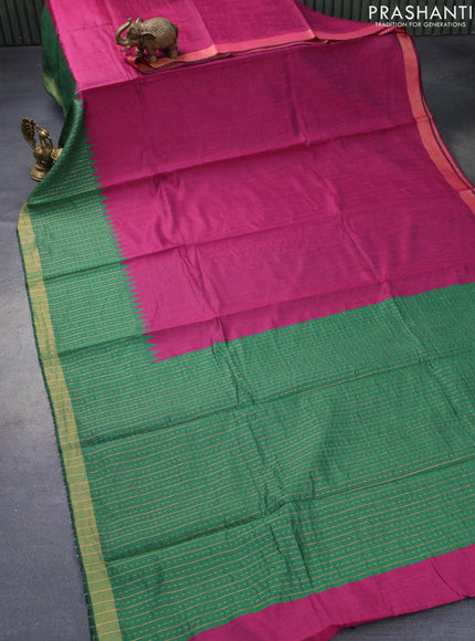 Dupion silk saree magenta pink and green with plain body and temple woven zari border