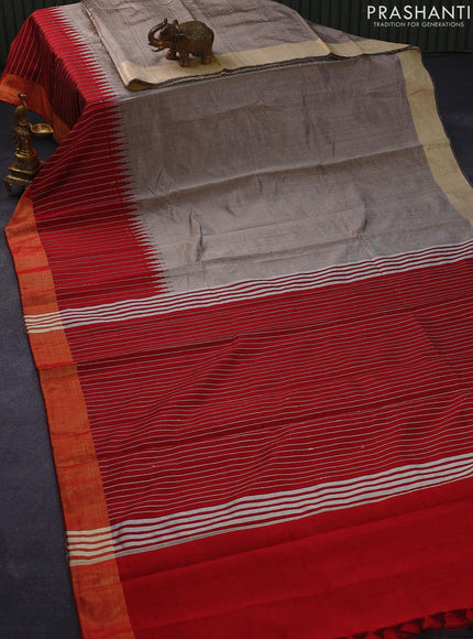 Dupion silk saree grey and maroon with plain body and temple design thread woven zari border