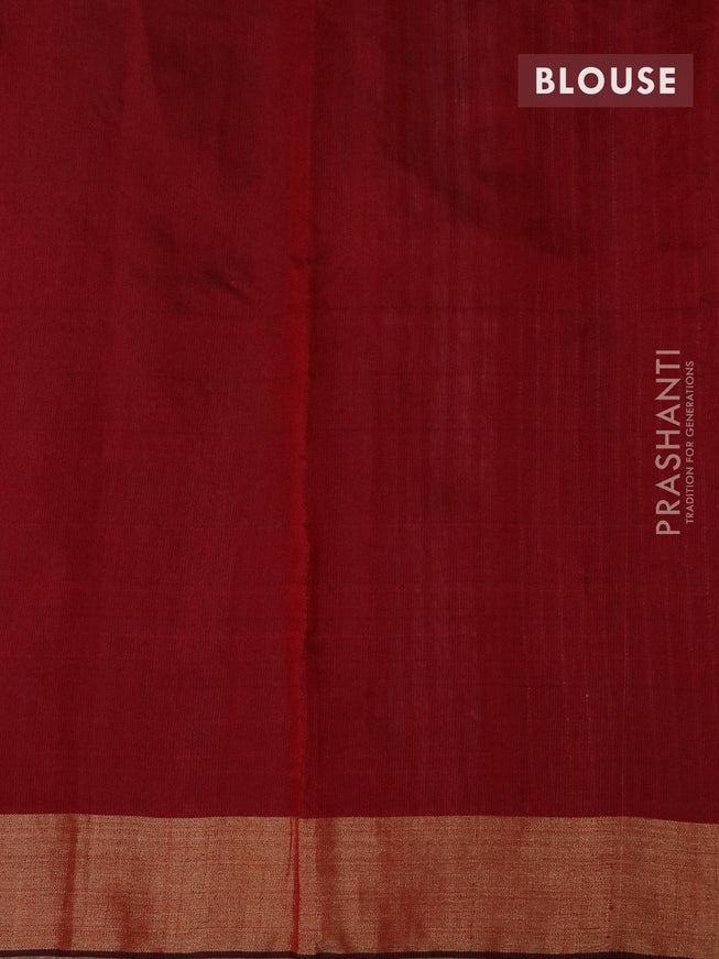 Dupion silk saree grey and maroon with plain body and temple design thread woven zari border