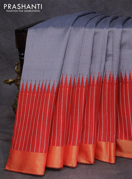 Dupion silk saree grey and red with plain body and temple design thread woven zari border