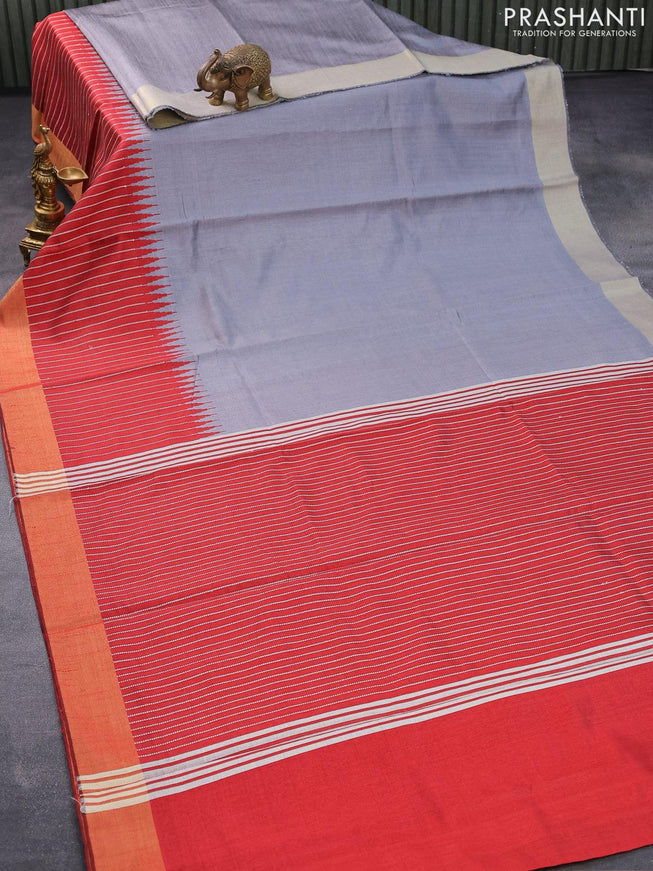 Dupion silk saree grey and red with plain body and temple design thread woven zari border