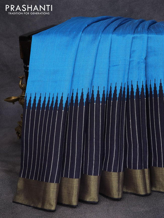 Dupion silk saree light blue and black with plain body and temple design thread woven zari border