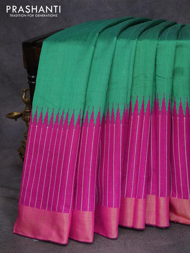 Dupion silk saree green and magenta pink with plain body and temple design thread woven zari border