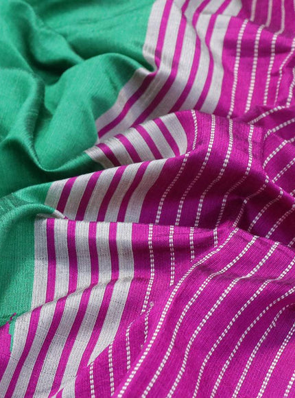 Dupion silk saree green and magenta pink with plain body and temple design thread woven zari border