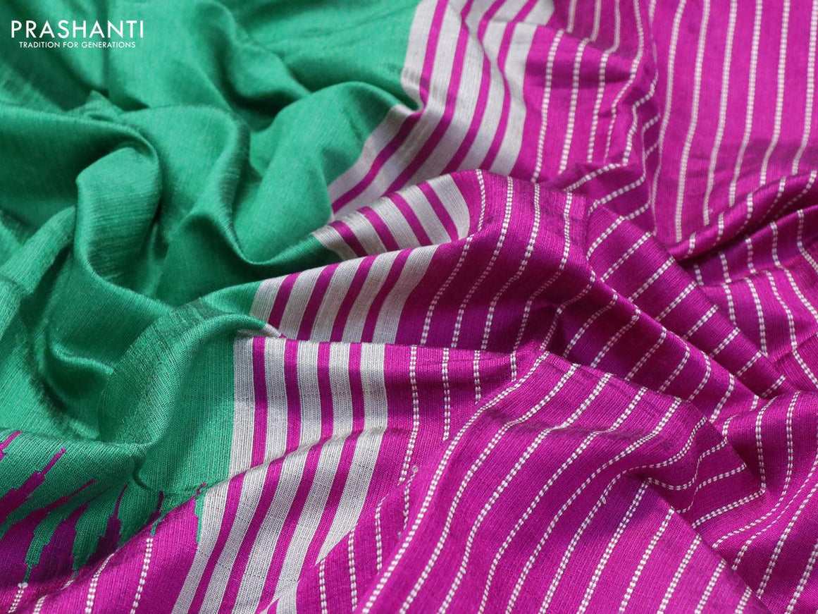 Dupion silk saree green and magenta pink with plain body and temple design thread woven zari border