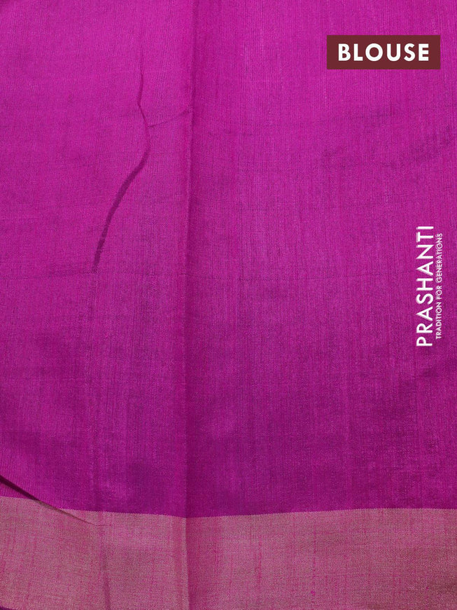 Dupion silk saree green and magenta pink with plain body and temple design thread woven zari border