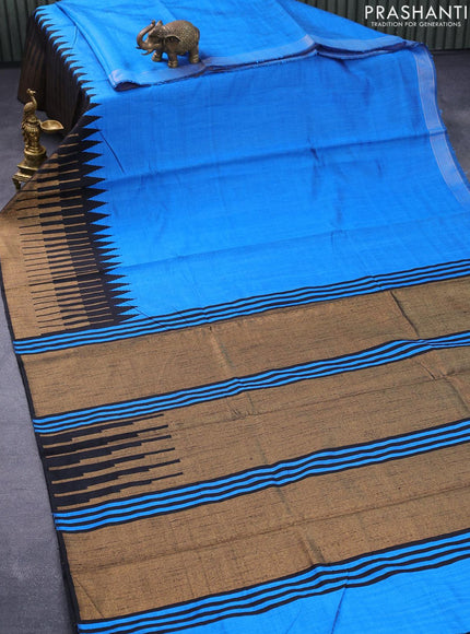 Dupion silk saree cs blue and black with plain body and temple design zari woven border