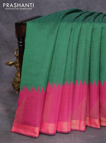 Dupion silk saree green and magenta pink with plain body and temple design zari woven border