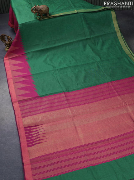 Dupion silk saree green and magenta pink with plain body and temple design zari woven border