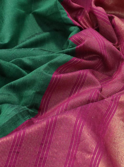 Dupion silk saree green and magenta pink with plain body and temple design zari woven border