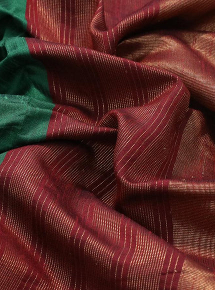 Dupion silk saree green and maroon with plain body and temple design zari woven border