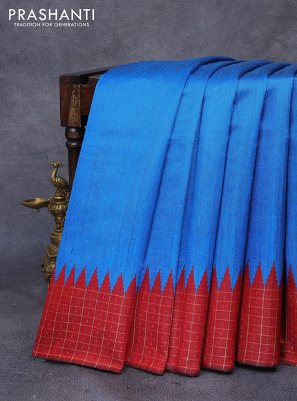 Dupion silk saree cs blue and red with plain body and temple design zari checked border