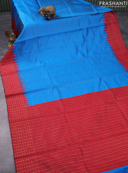 Dupion silk saree cs blue and red with plain body and temple design zari checked border