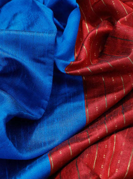 Dupion silk saree cs blue and red with plain body and temple design zari checked border