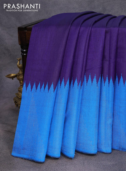 Dupion silk saree blue and cs blue with plain body and temple woven zari border