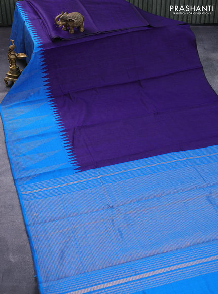 Dupion silk saree blue and cs blue with plain body and temple woven zari border