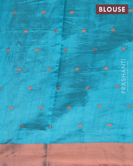 Semi raw silk saree teal blue with allover copper zari woven buttas and copper zari woven border