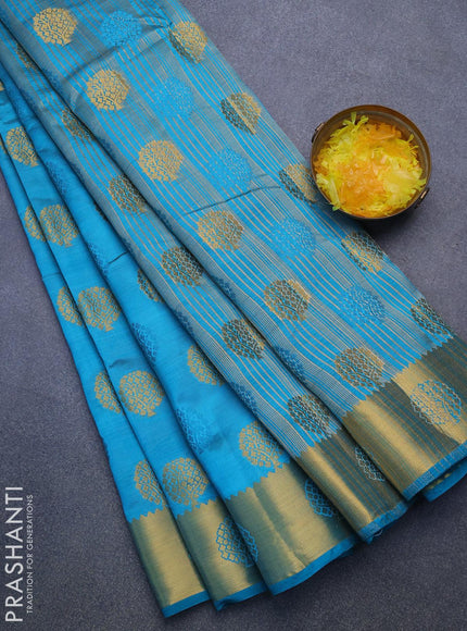 Semi raw silk saree teal blue with thread & zari woven buttas and zari woven border