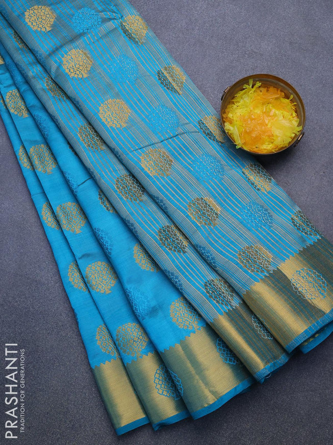 Semi raw silk saree teal blue with thread & zari woven buttas and zari woven border