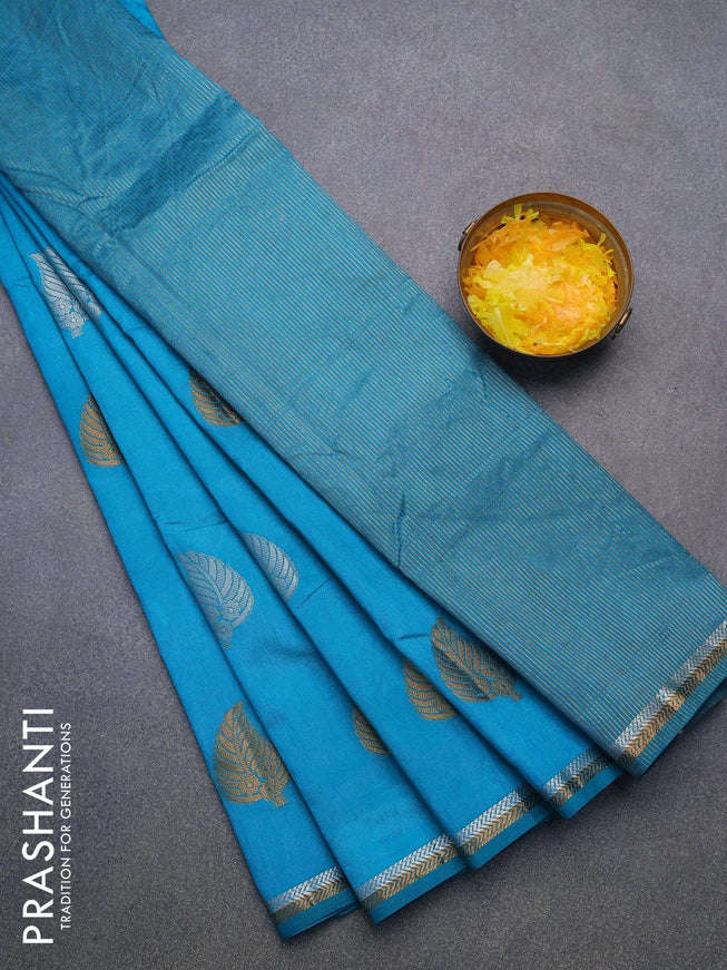 Semi raw silk saree teal blue with thread & zari woven leaf buttas and woven border