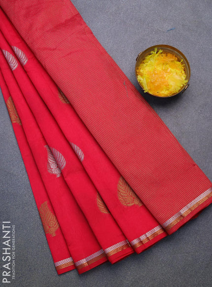 Semi raw silk saree dark pink with thread & zari woven leaf buttas and woven border