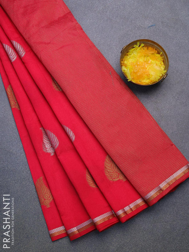 Semi raw silk saree dark pink with thread & zari woven leaf buttas and woven border