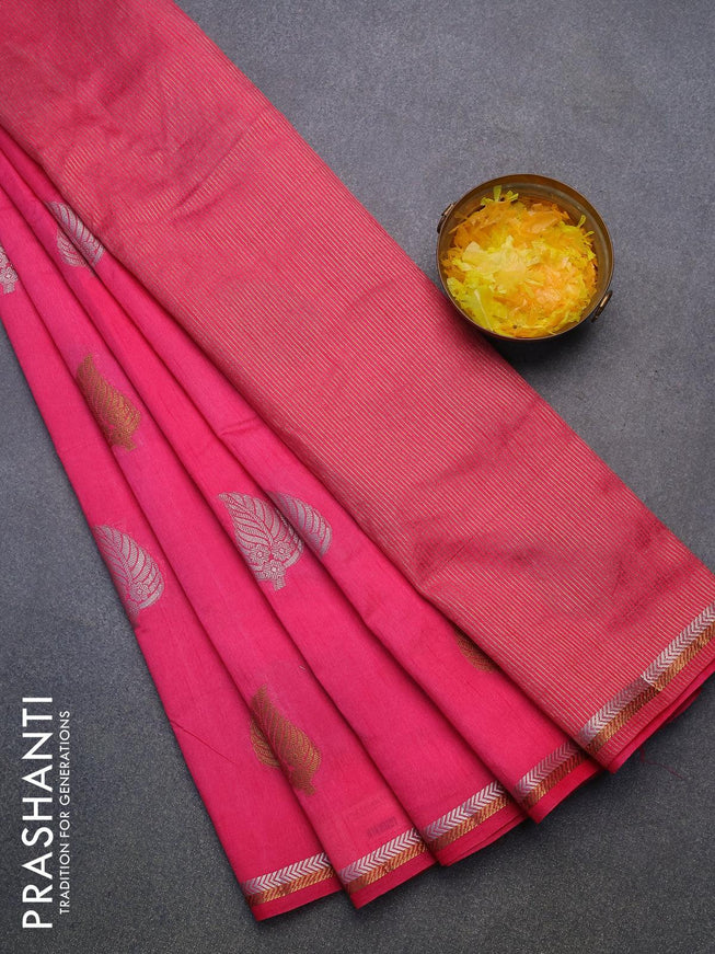 Semi raw silk saree candy pink with thread & zari woven leaf buttas and woven border