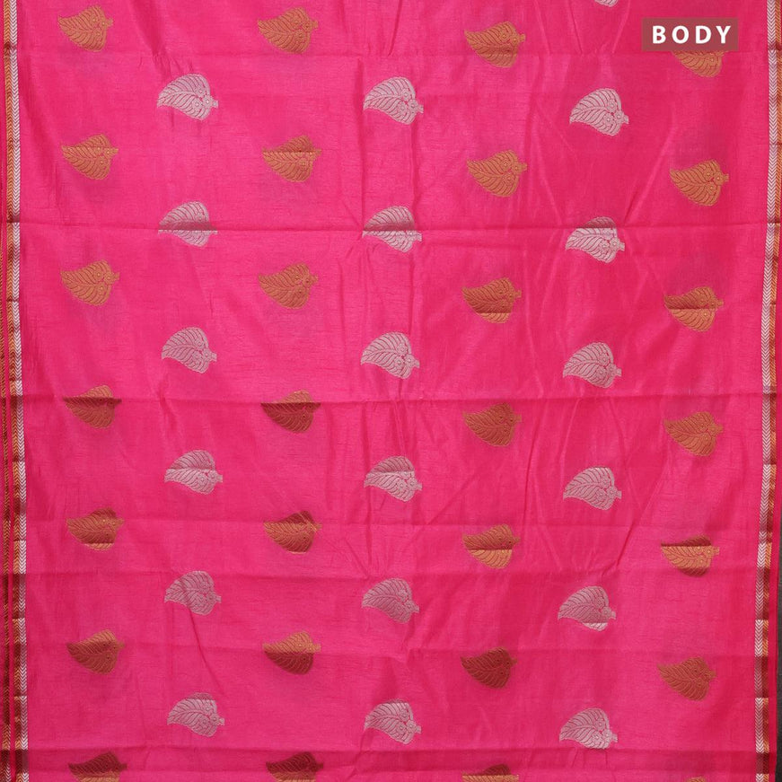 Semi raw silk saree candy pink with thread & zari woven leaf buttas and woven border