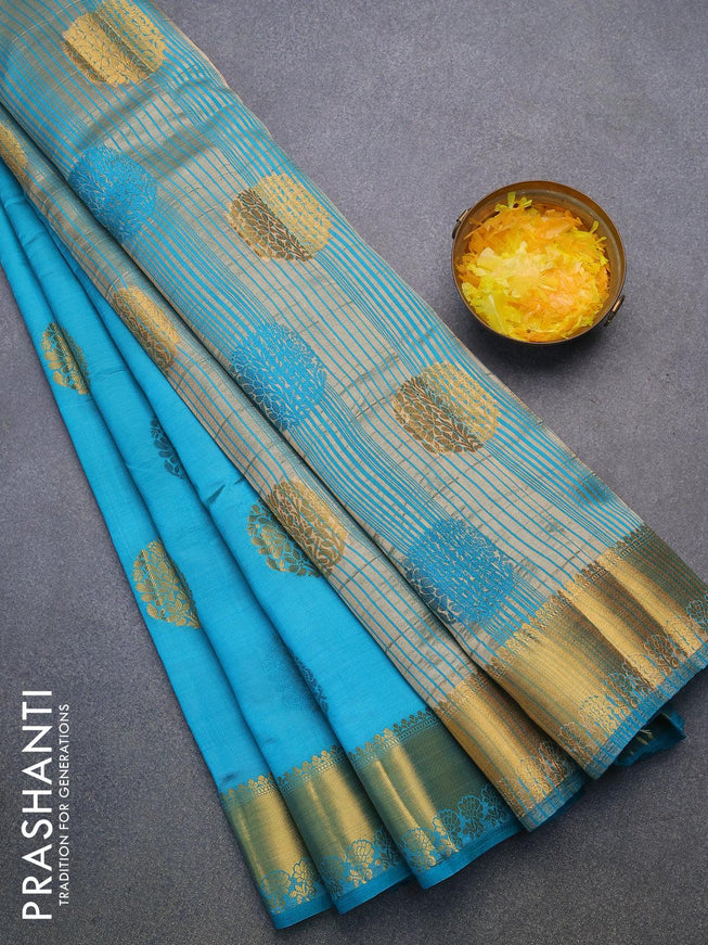 Semi raw silk saree teal blue with thread & zari woven buttas and zari woven border