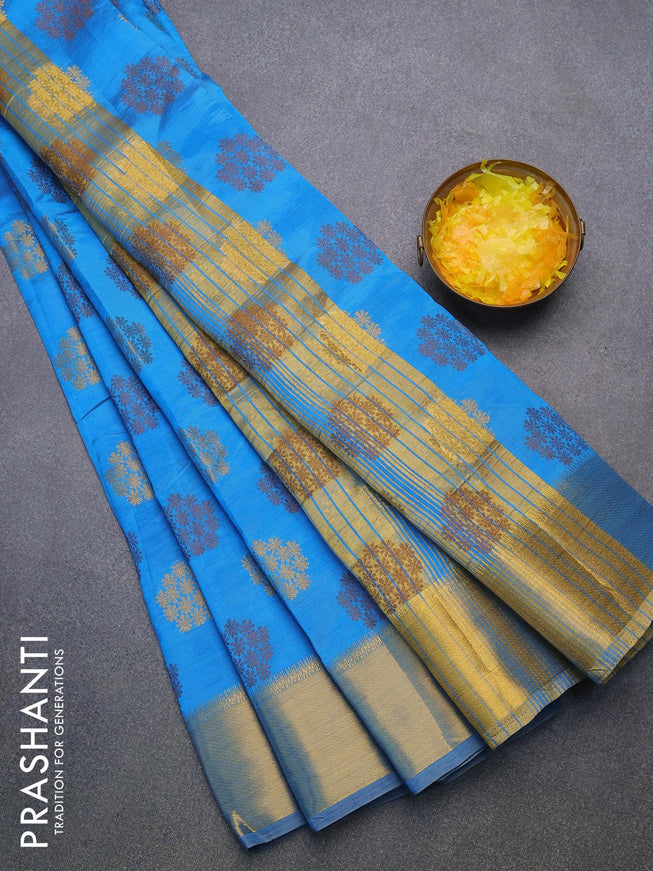 Semi raw silk saree cs blue with allover thread & zari woven buttas and zari woven border