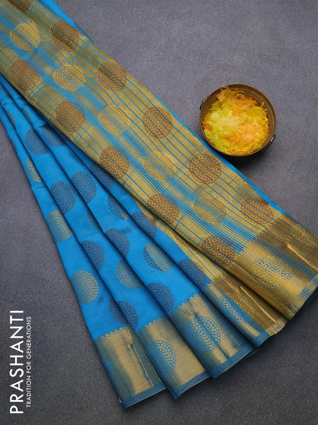 Semi raw silk saree cs blue with allover thread & zari woven buttas and zari woven border