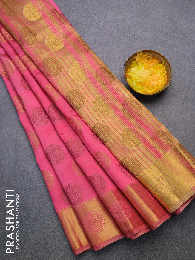 Semi raw silk saree pink with allover thread & zari woven buttas and zari woven border