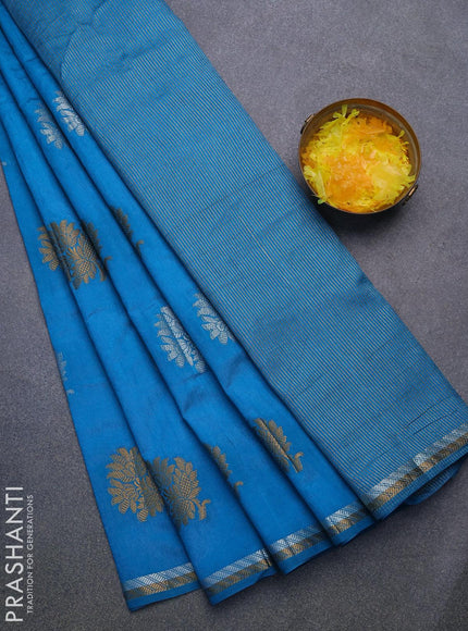 Semi raw silk saree blue with thread & zari woven floral buttas and woven border